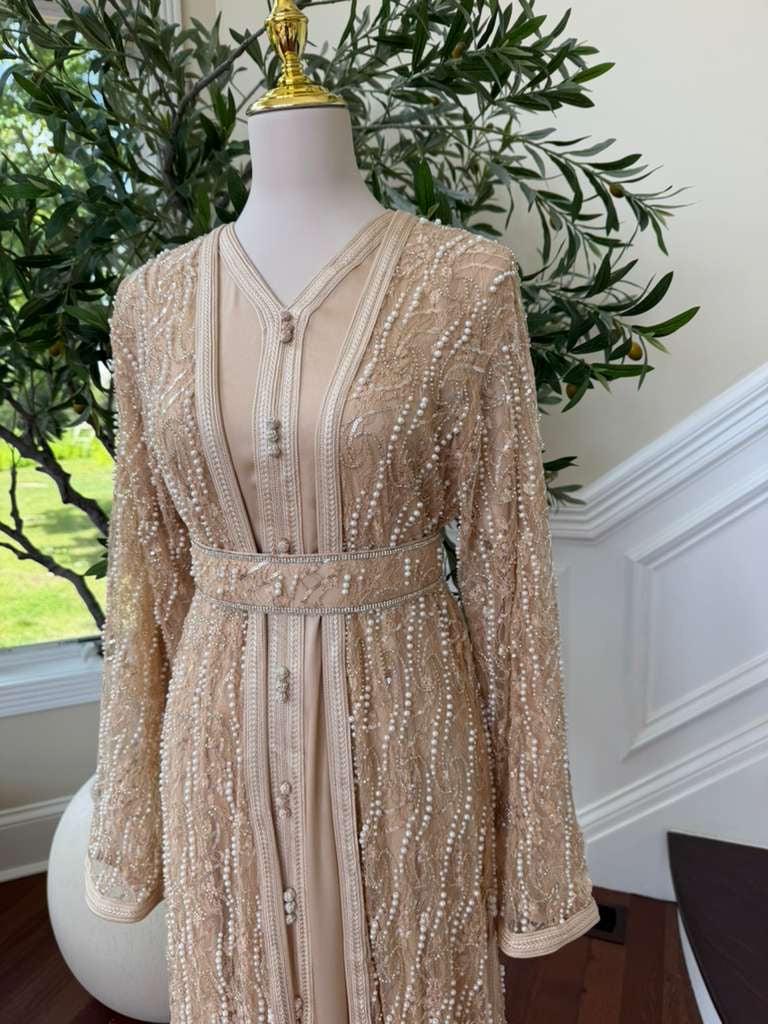 Beige Beaded Two Piece Kuftan