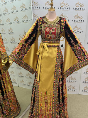 Premium Palestinian Malakah Thobe – Gold Satin & Black Velvet Embroidery