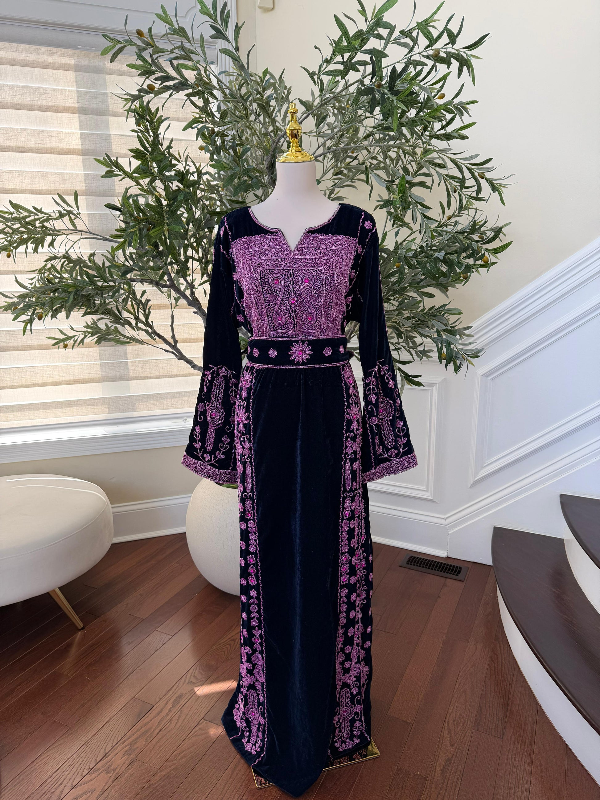 Navy Blue Velvet Pink Stone Thobe
