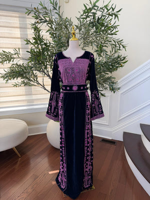 Navy Blue Velvet Pink Stone Thobe