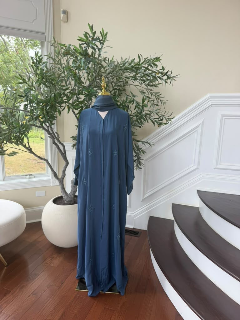 Blue Beaded Nada Fabric Charm Abaya