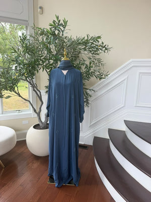 Blue Beaded Nada Fabric Charm Abaya