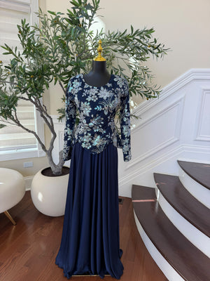 Elegant Navy Blue Evening Gown with Shimmering Silver & Blue Floral Embroidery