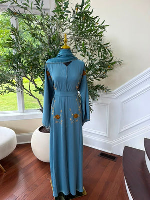 Deep Sky Golden Floral Abaya