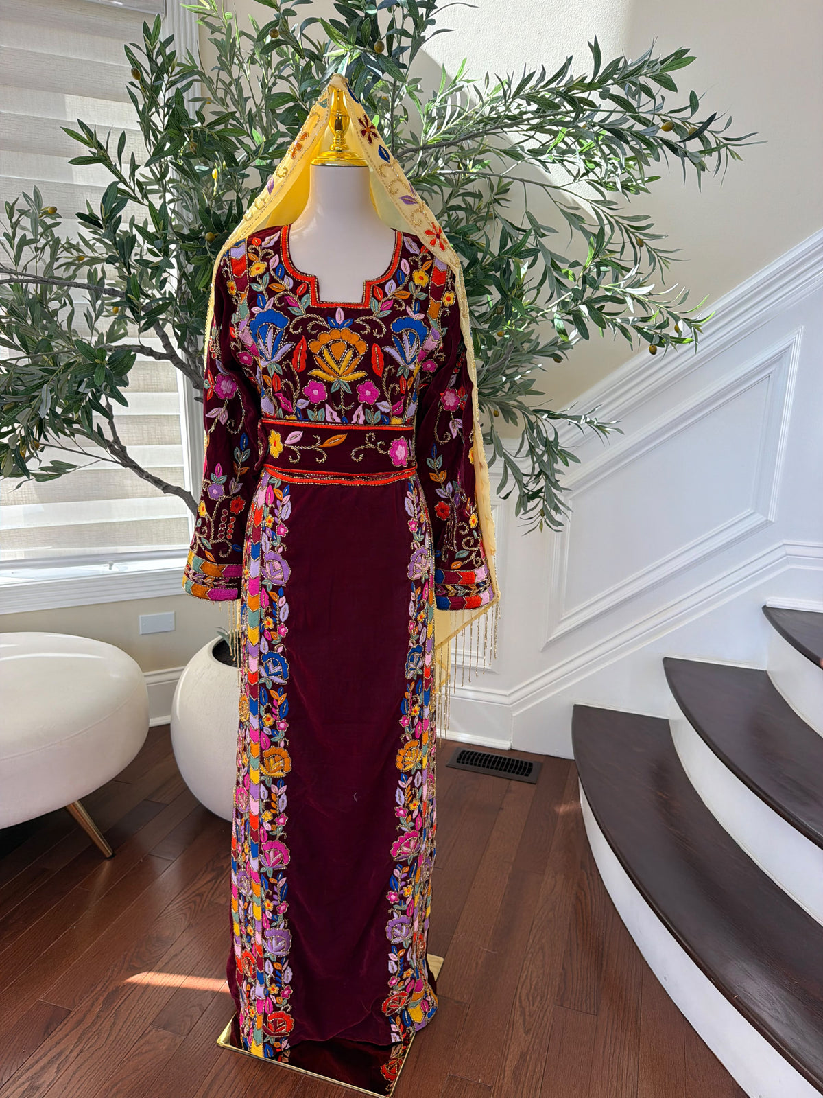Elegant Burgundy Velvet Palestinian Thobe with Colorful Floral Embroidery – Scarf Not Included