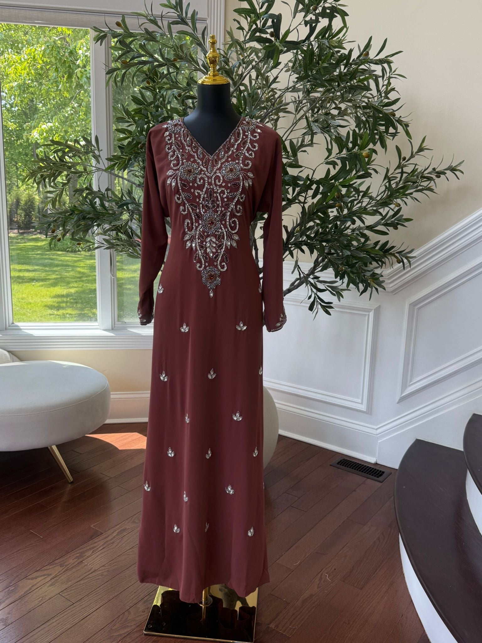 Peach Red Beaded Kuftan Maxi Dress