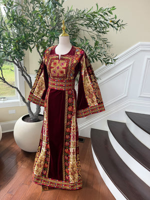 Burgundy Embroidery Tatreez Velvet Thobe