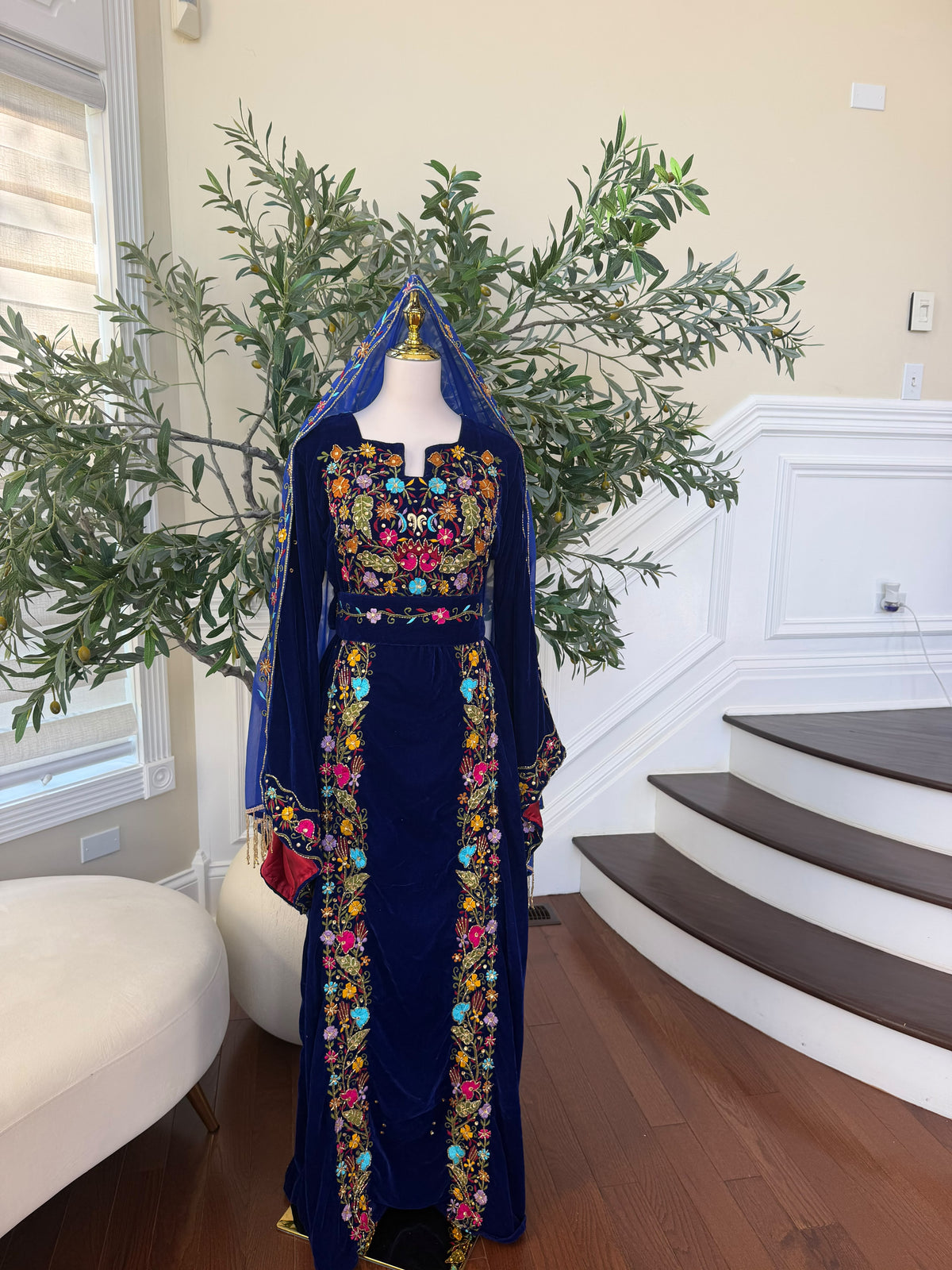 Midnight Blue Velvet Thobe with Intricate Multicolor Embroidery(scarf not included)