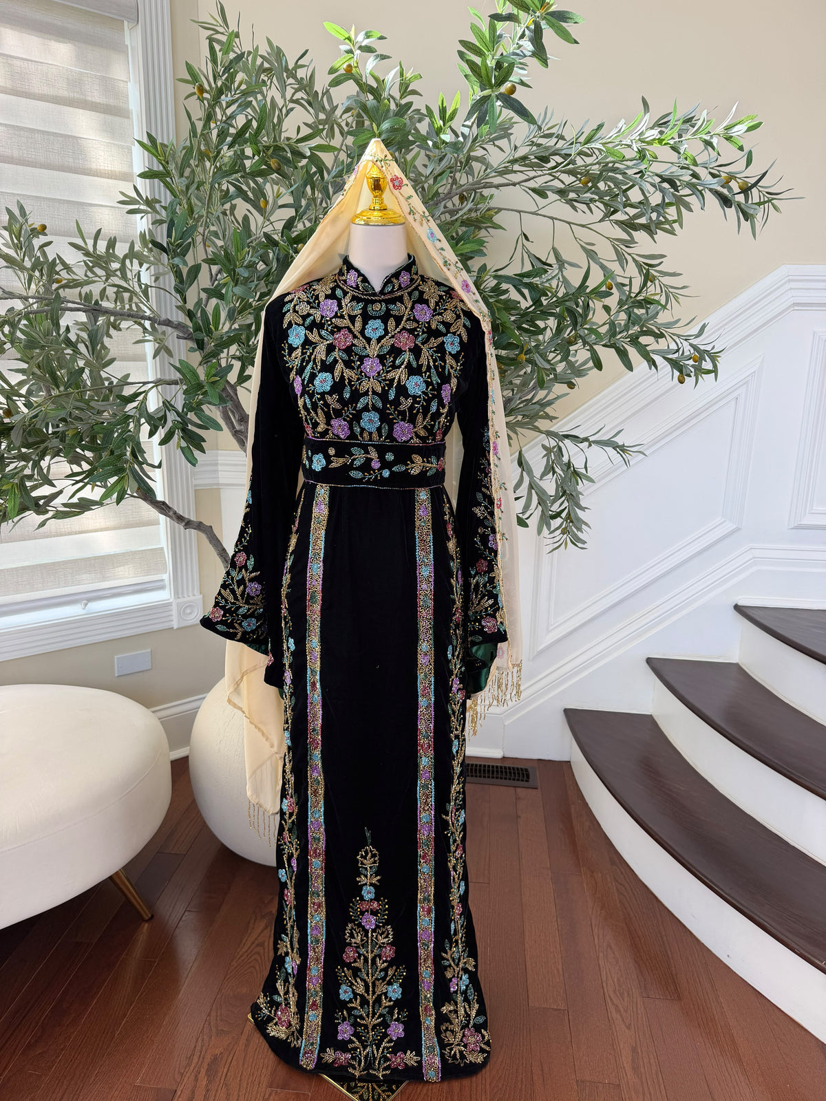 Elegant Black Velvet Thobe with Multicolor Floral Embroidery(scarf not included)