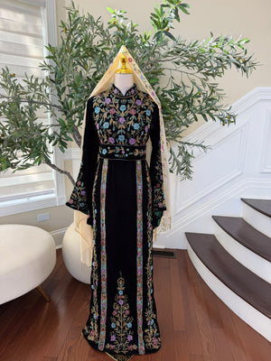 Elegant Black Velvet Thobe with Multicolor Floral Embroidery(scarf not included)
