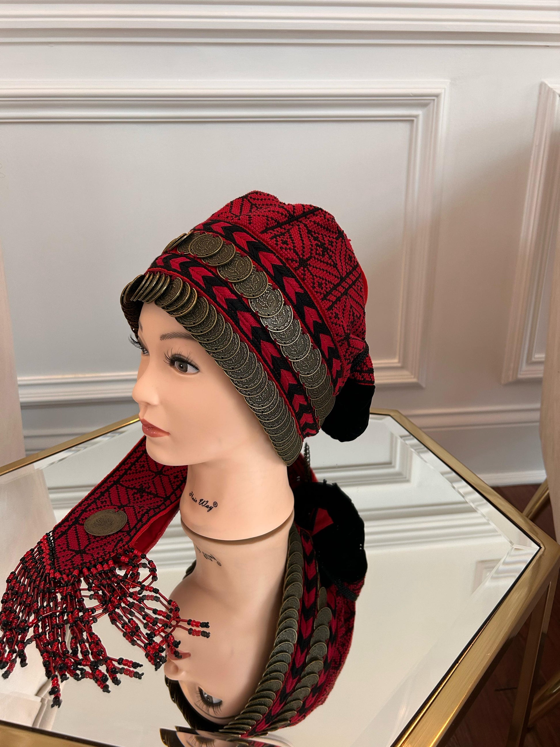 Red Tatreez Embroidery Coin Head Piece تطريز يدوي