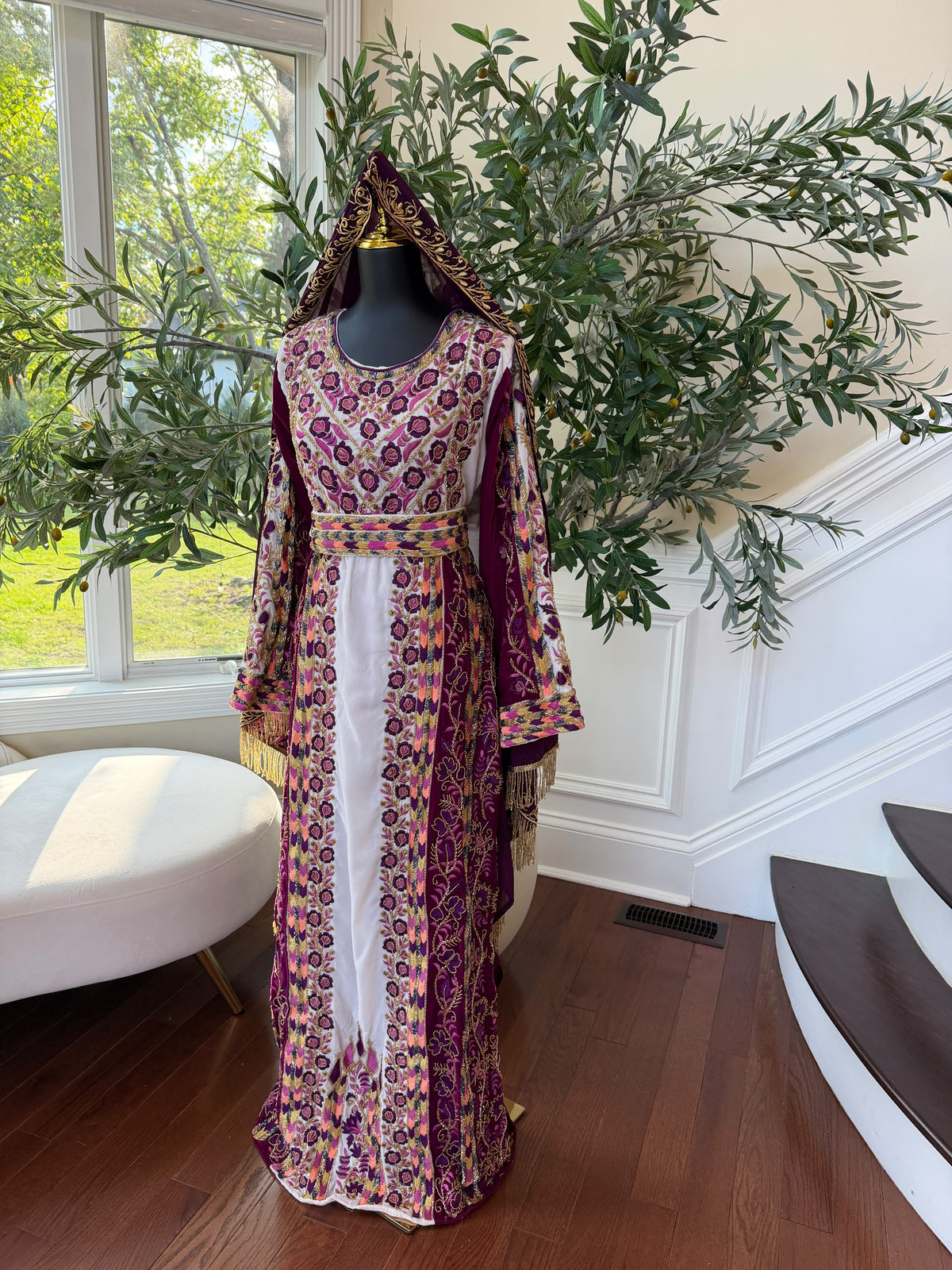 Elegant Purple and Cream Thobe with Intricate Floral Embroidery and Gold Accents (scarf not included)