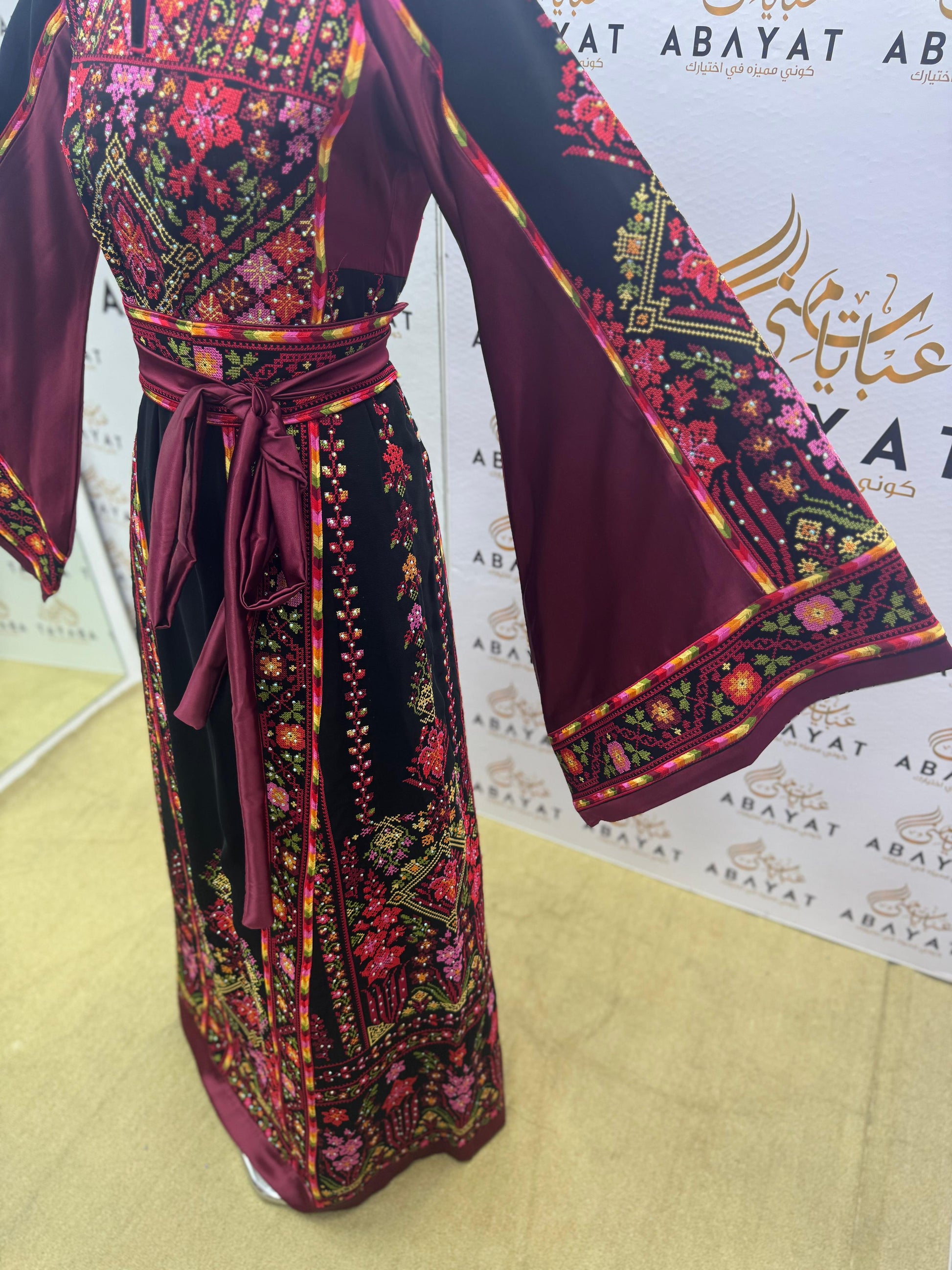 Traditional Palestinian Embroidered Thobe – Burgundy Floral Heritage Dress