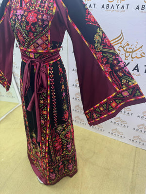 Traditional Palestinian Embroidered Thobe – Burgundy Floral Heritage Dress
