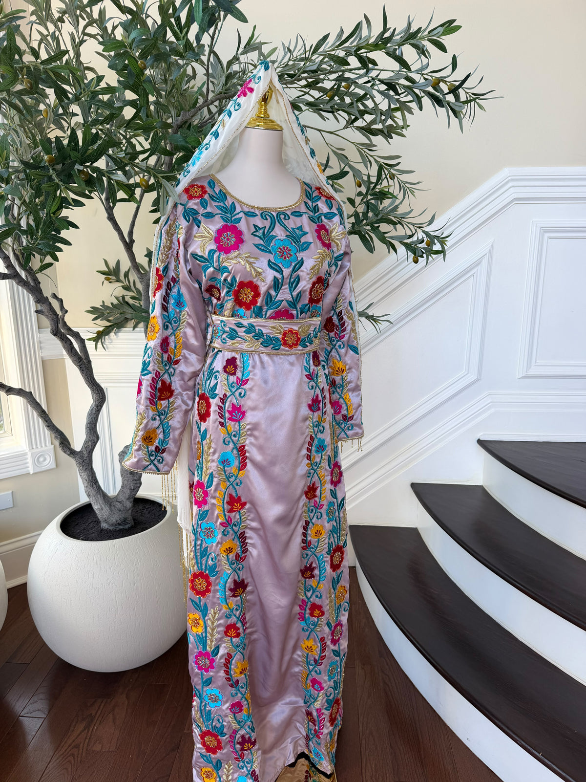 Blush Pink Palestinian Stone Thobe with Vibrant Multicolor Floral Embroidery(scarf not included)