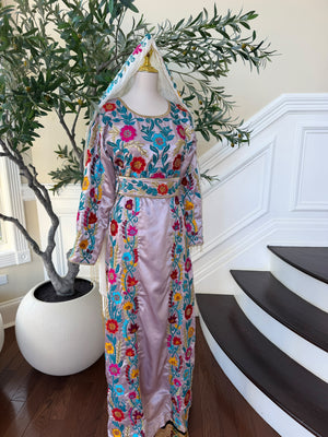 Blush Pink Palestinian Stone Thobe with Vibrant Multicolor Floral Embroidery(scarf not included)
