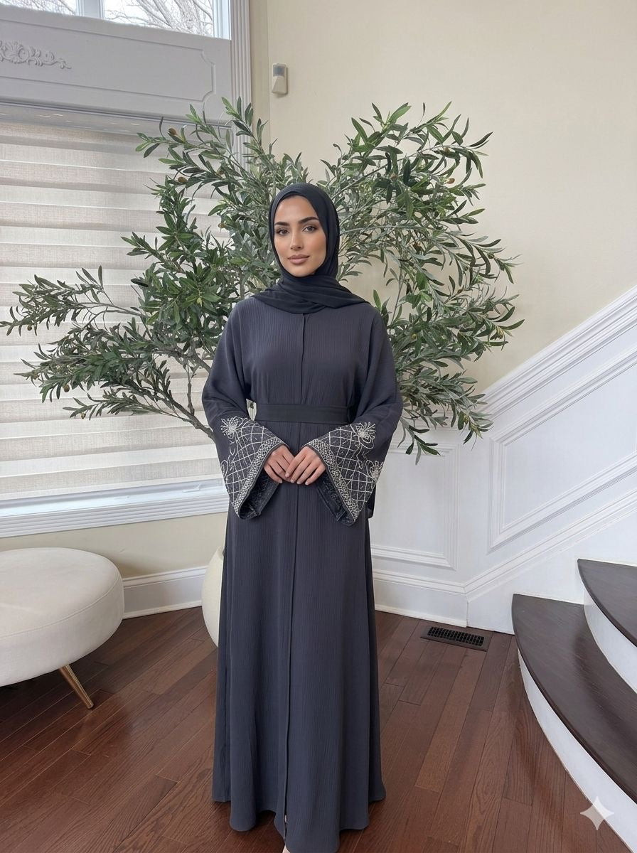 Grey Silver Sleeve Beaded Abaya
