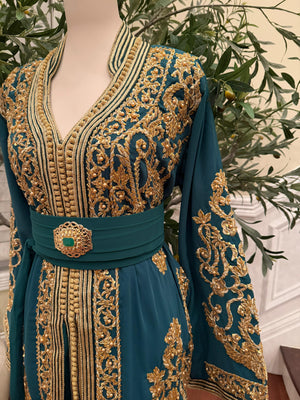 Deep Teal Kaftan Featuring Intricate Gold Detailing