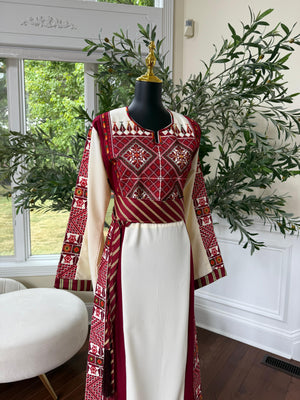 Embroidery Red Tatreez Off White Thobe