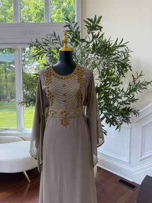 Taupe Beaded Kuftan Maxi Dress