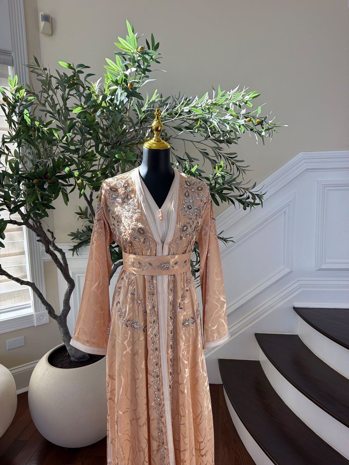 Elegant Peach Embroidered Kaftan with Silver Beadwork