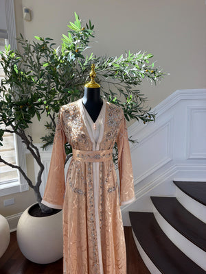 Elegant Peach Embroidered Kaftan with Silver Beadwork