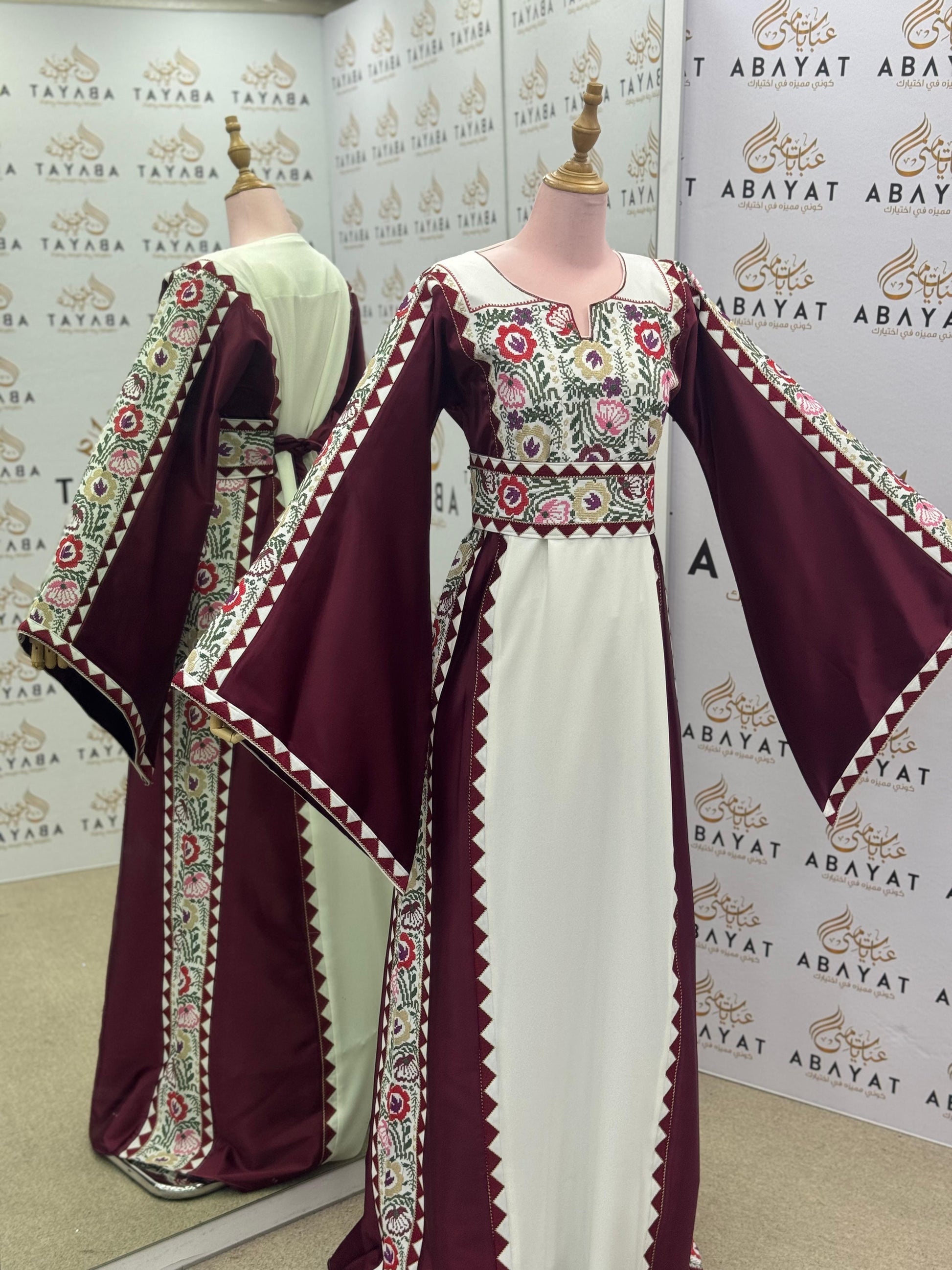 Traditional Palestinian Thobe in Maroon and White with Floral Tatreez