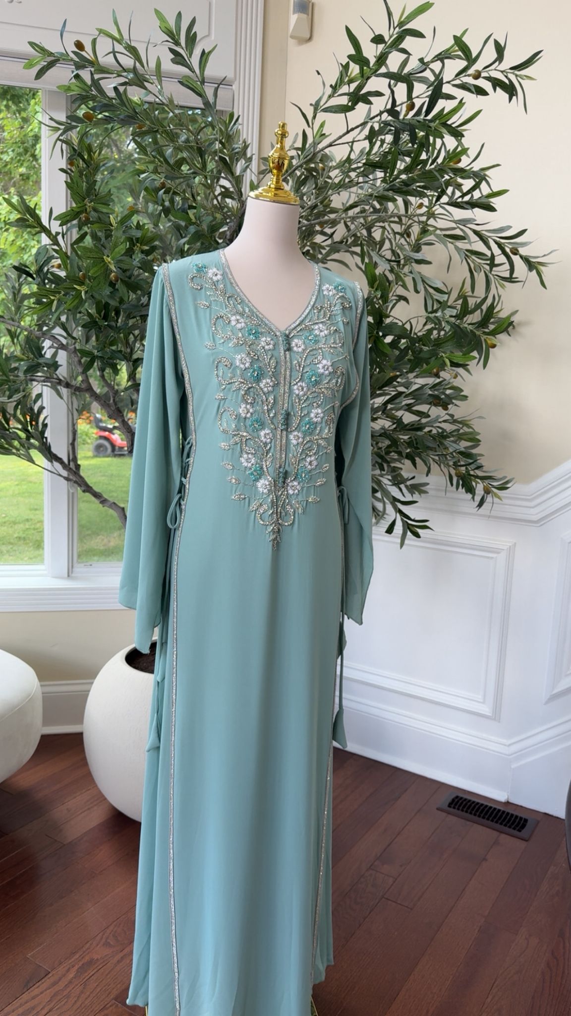 Delicate Light Teal Kaftan with Silver Beading