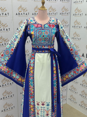 Royal Blue & White Palestinian Embroidered Thobe – Colorful Tatreez Maxi Dress with Wide Sleeves”
