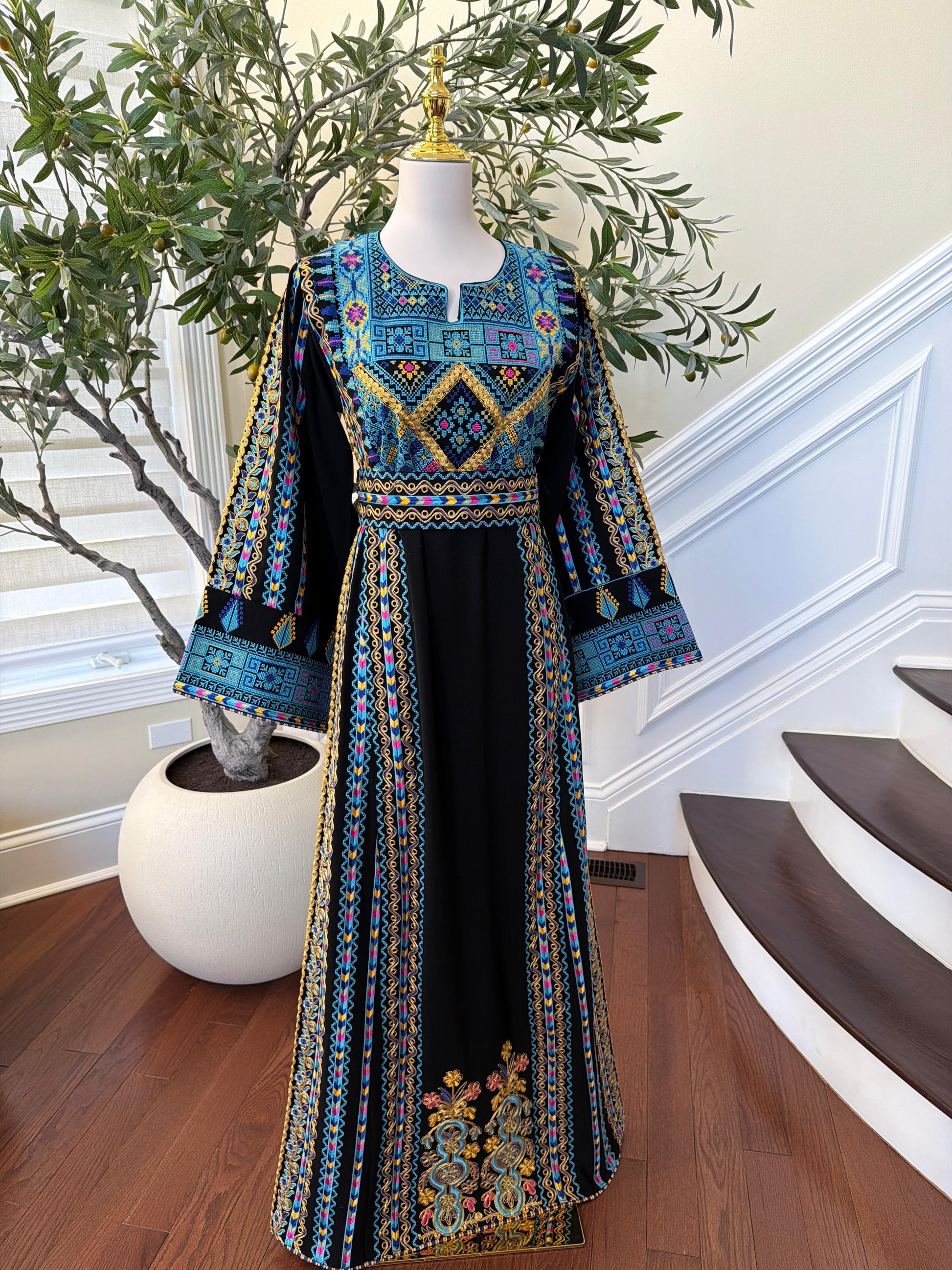 Black Embroidery Tatreez Traditional Blue Thobe