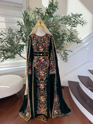 Elegant Black Palestinian Thobe with Colorful Floral Embroidery and Detachable Shoulder Cape (scarf not included)