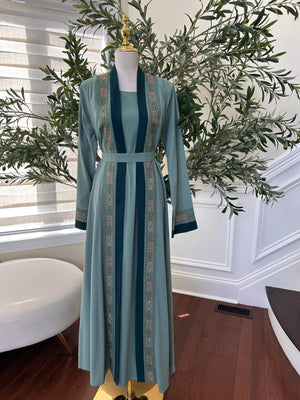 Teal Harmony Two Piece Tatreez Beaded Abaya