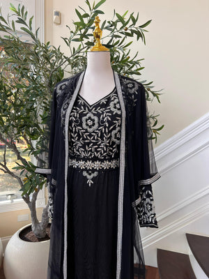 Black Silver Stone Beaded Kuftan