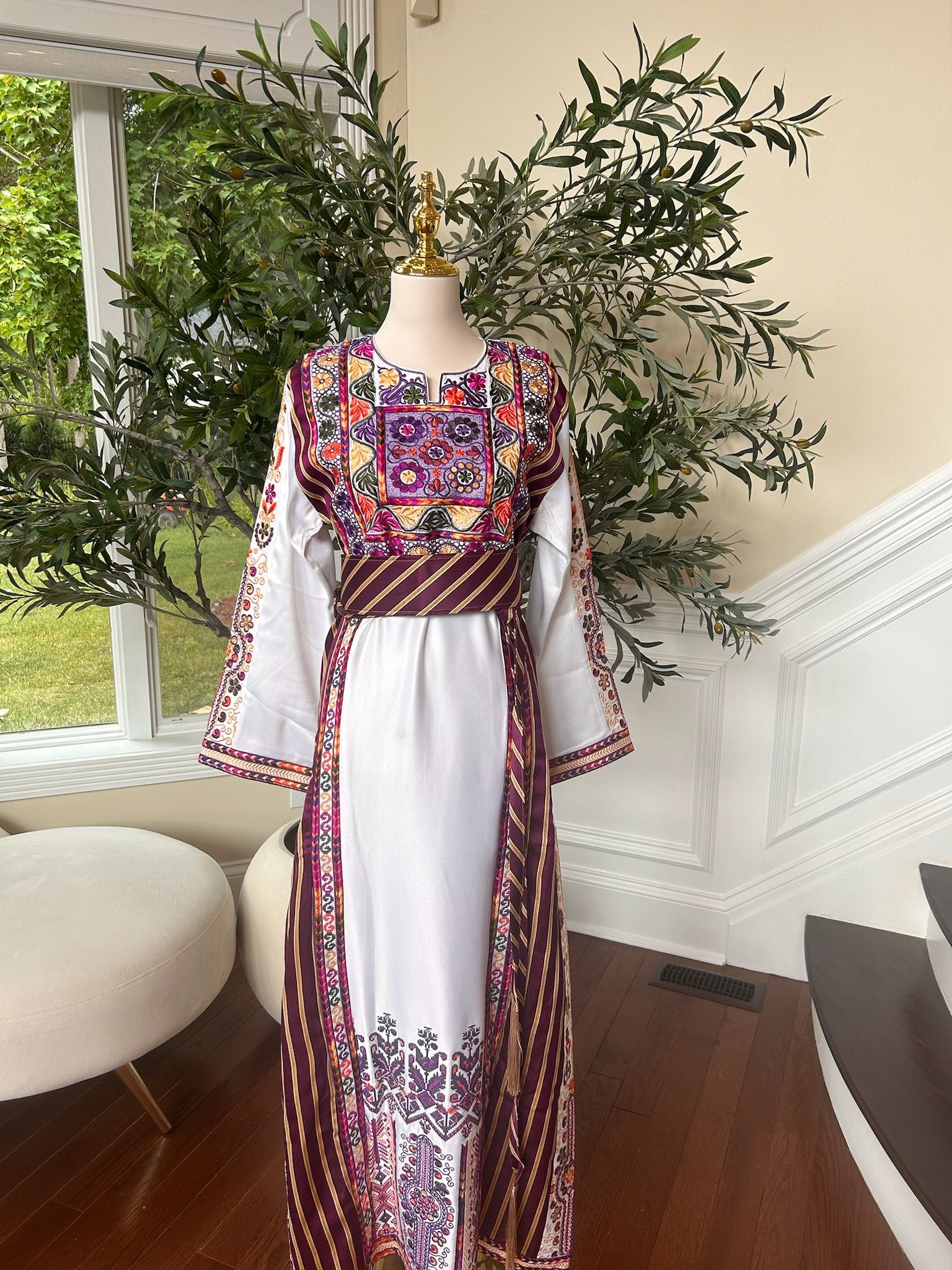 Traditional White Tatreez Thobe with Embroidery Purple Detailing
