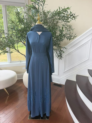 Blue Elegance Charm Beaded Nade Fabric Abaya