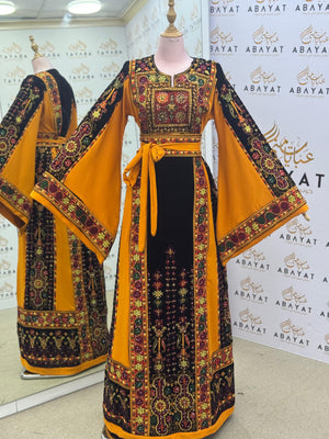 Premium Palestinian Malakah Thobe – Bright Mustard & Black Embroidery