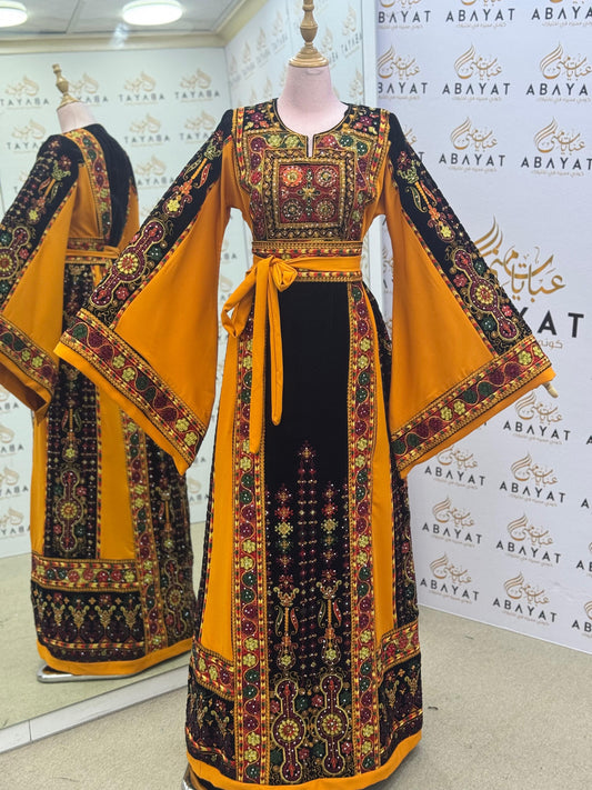 Premium Palestinian Malakah Thobe – Bright Mustard & Black Embroidery