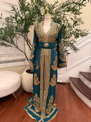 Deep Teal Kaftan Featuring Intricate Gold Detailing