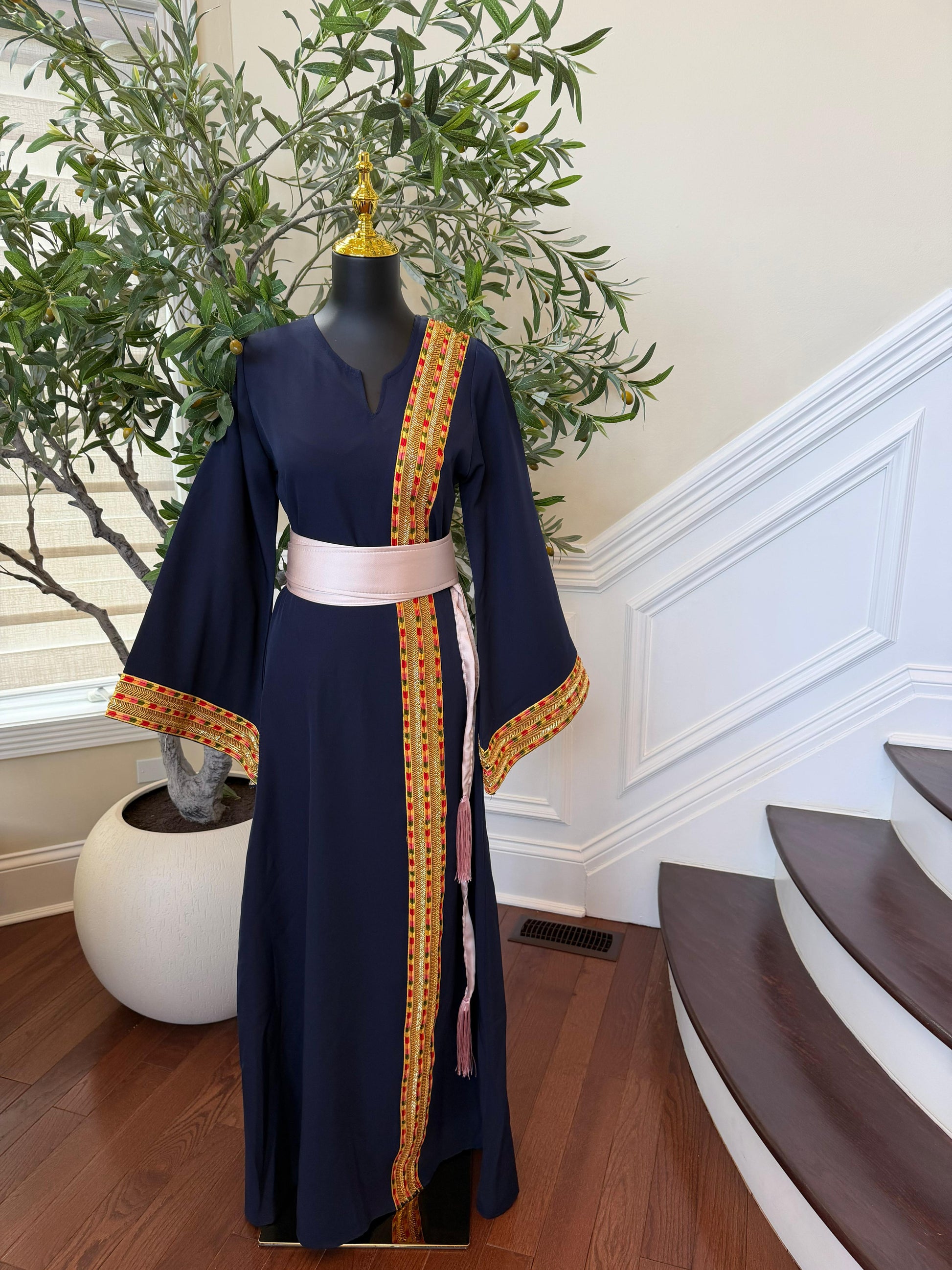 Navy Blue Embroidery Sabal Kharaz Thobe