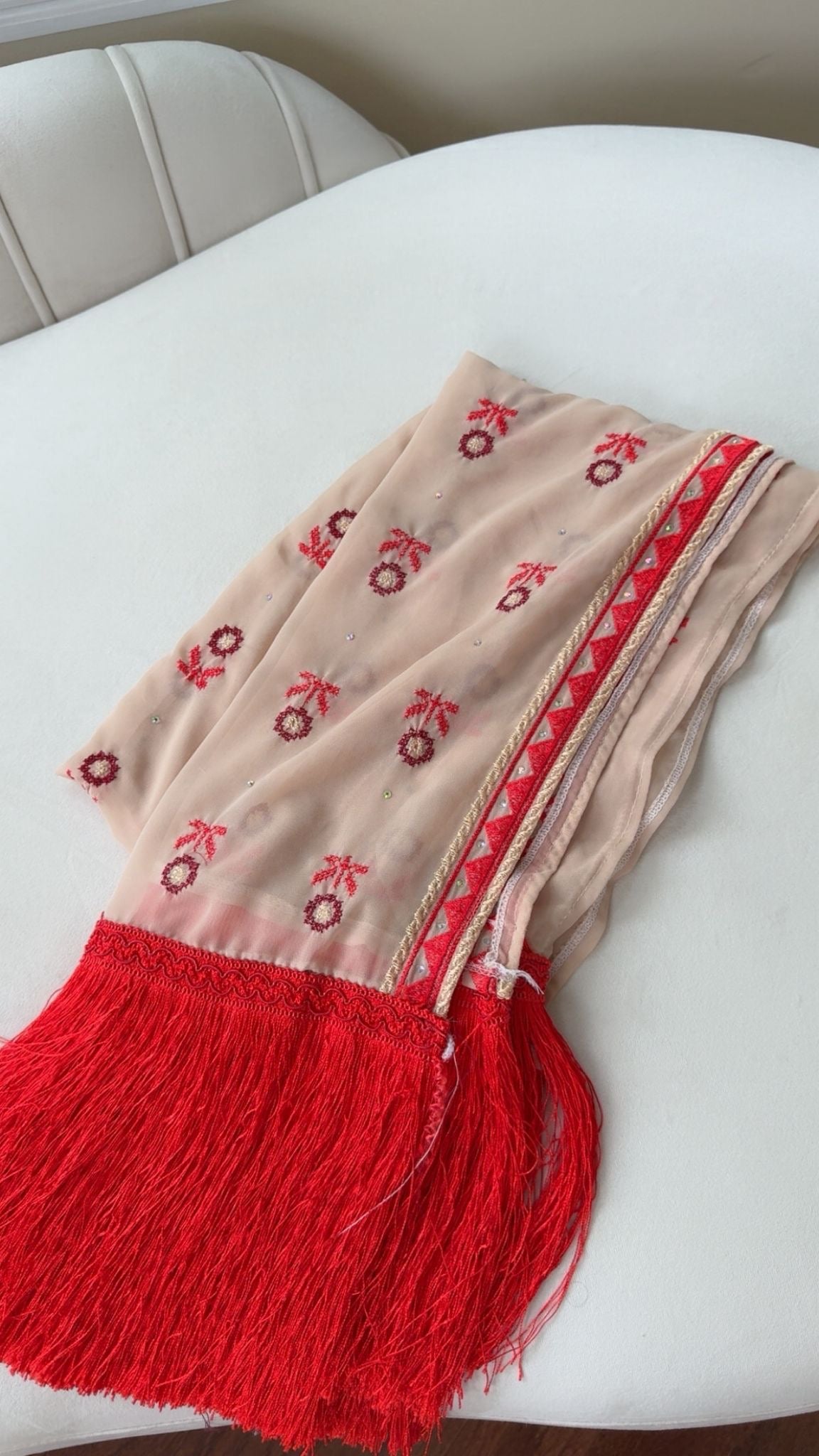 Cream/ Red Tatreez Khirka Shal
