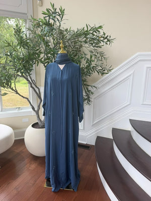 Blue Beaded Nada Fabric Charm Abaya