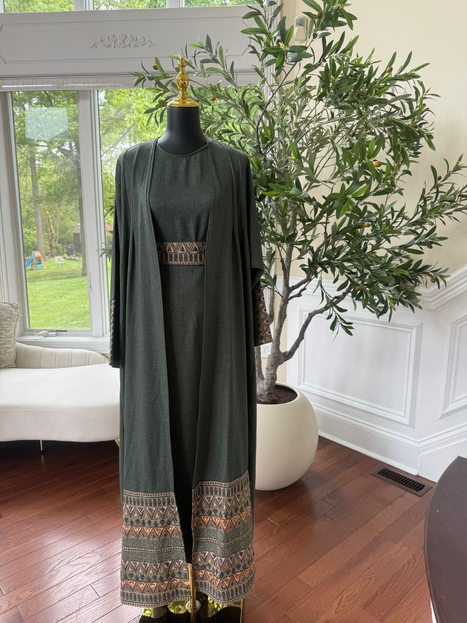 Green Tatreez Cardigan Abaya
