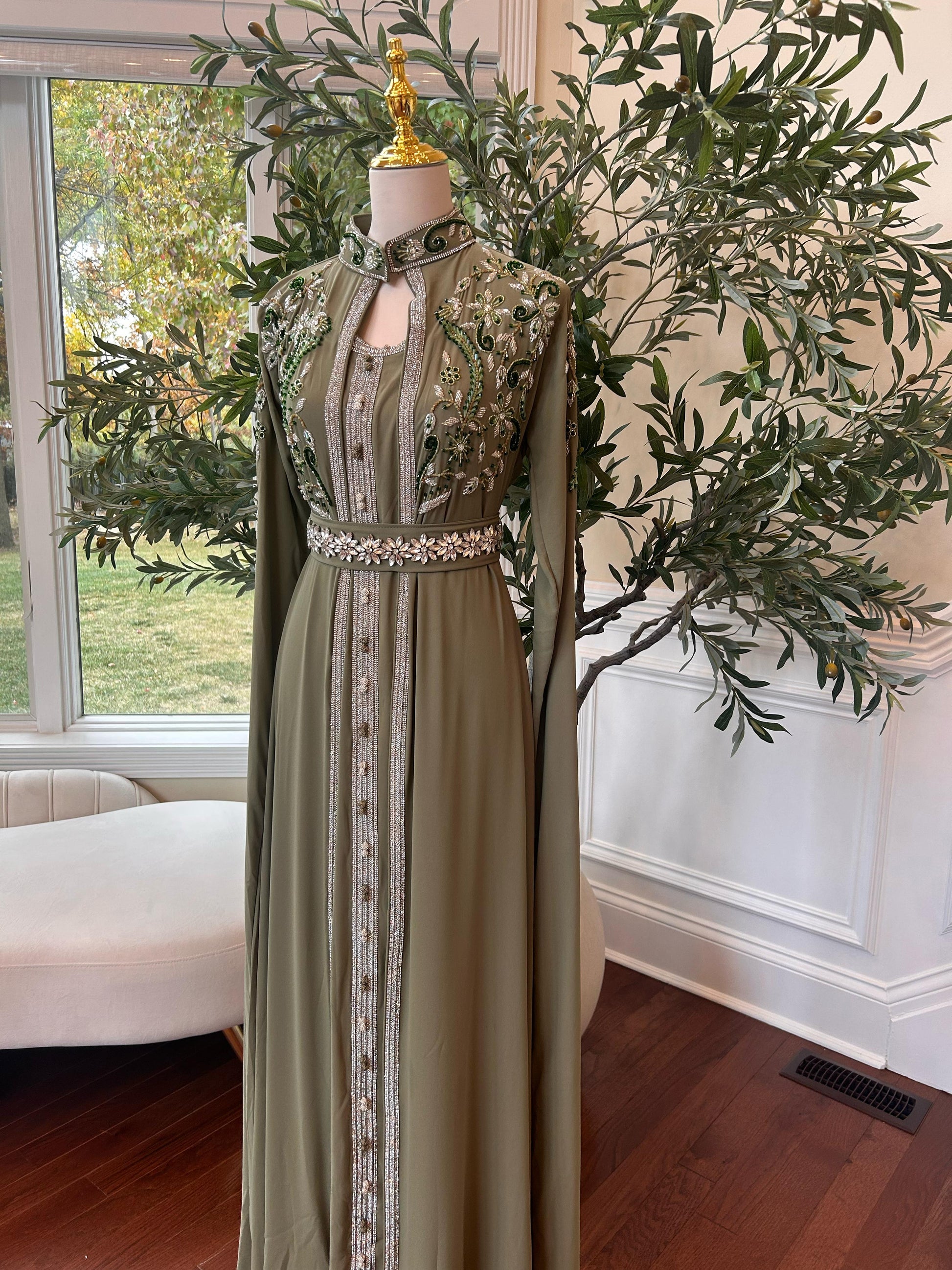 Olive Beaded Stone Kuftan