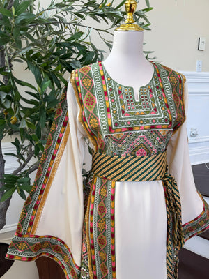 Olive Heritage: Off White Embroidered Tatreez Sabal Kharaz Thobe