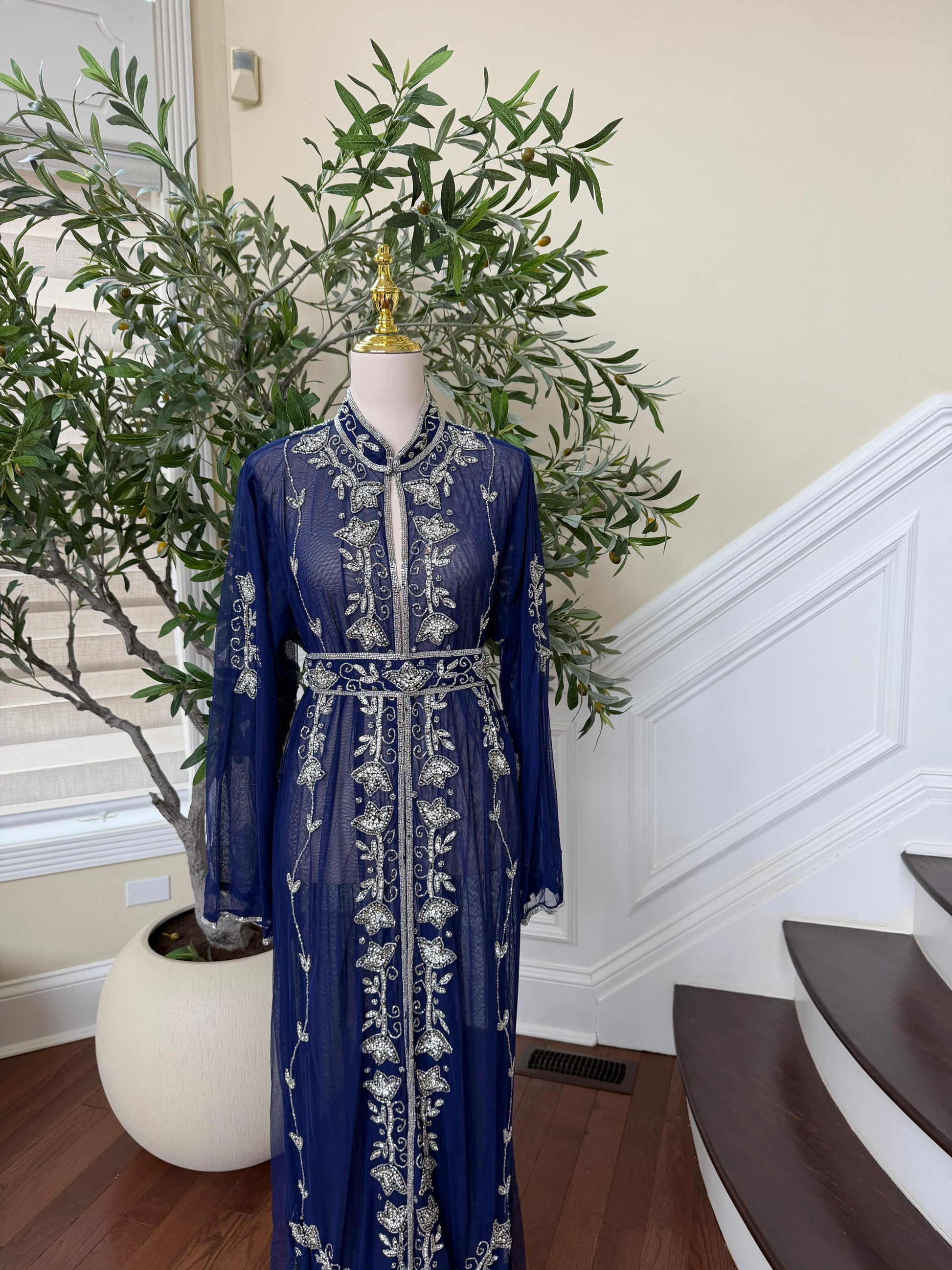 Blue Silver Stone Beaded Abaya