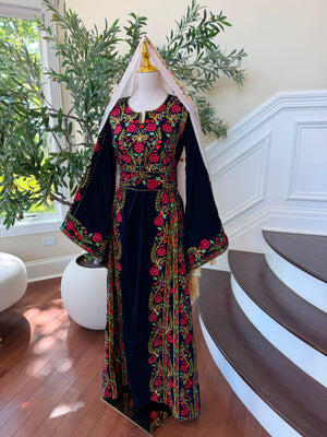 Velvet Blue Floral Embroidered Tatreez Thobe