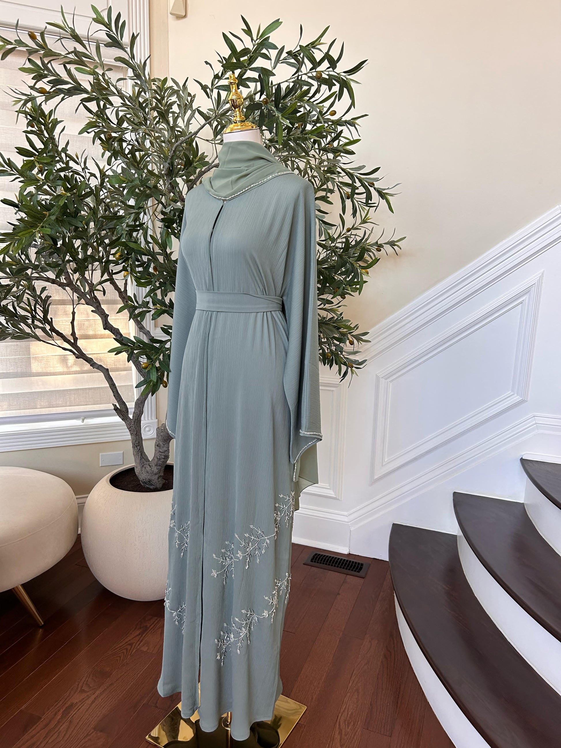 Mint Green Crystal Beaded Abaya