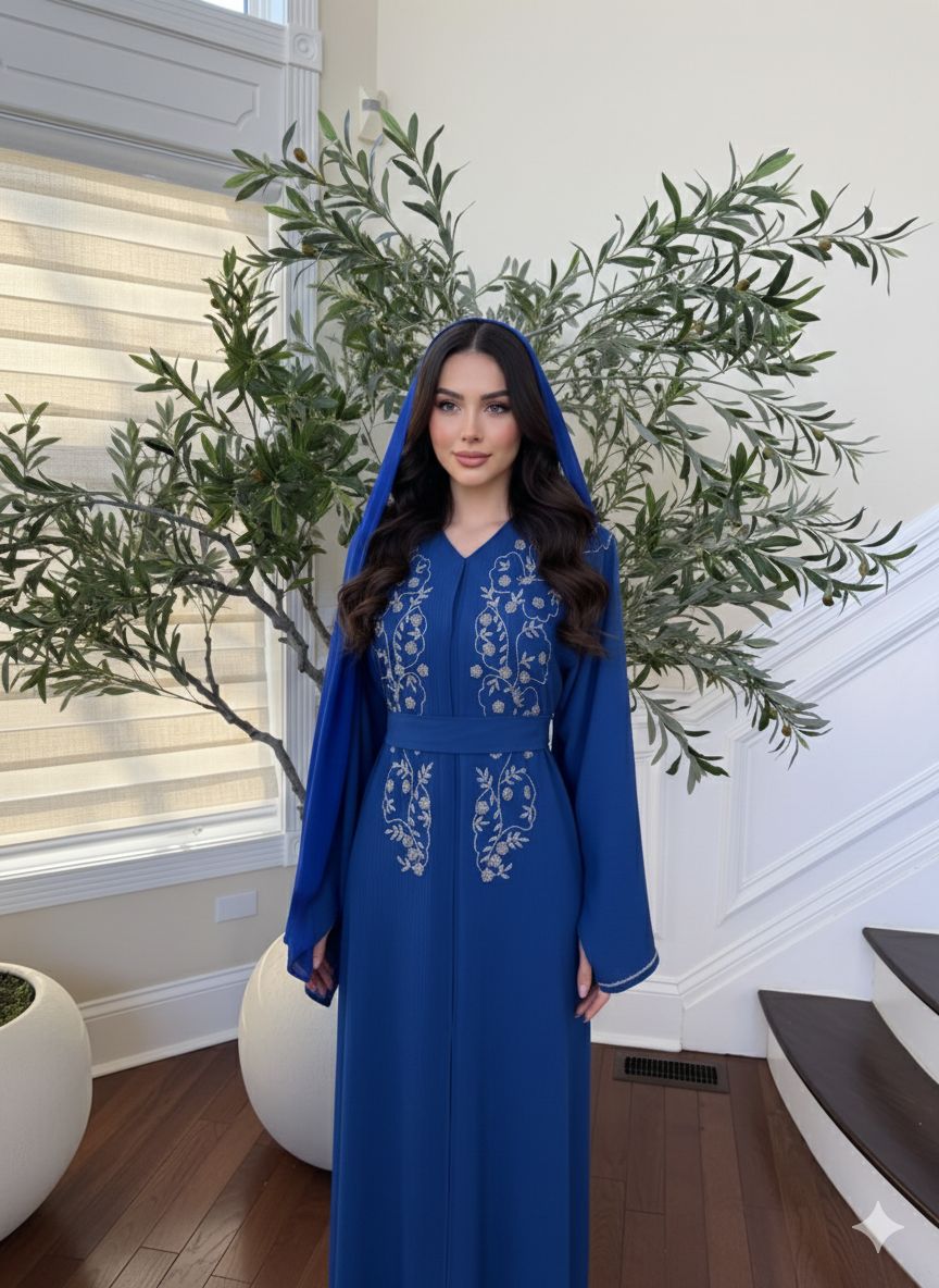 Blue Floral Charm Beaded Abaya
