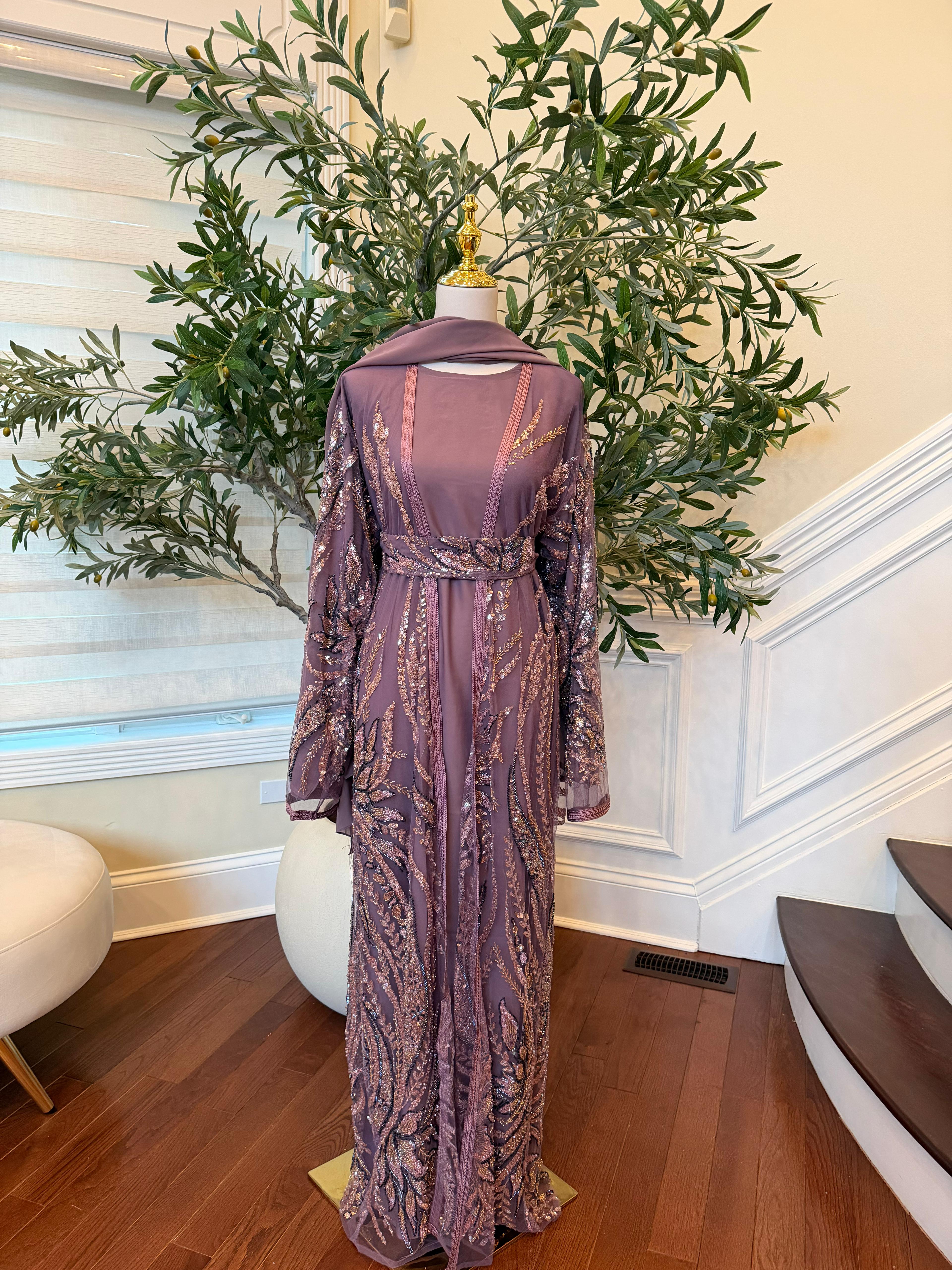 Rose Pink Sequin Two Piece Abaya