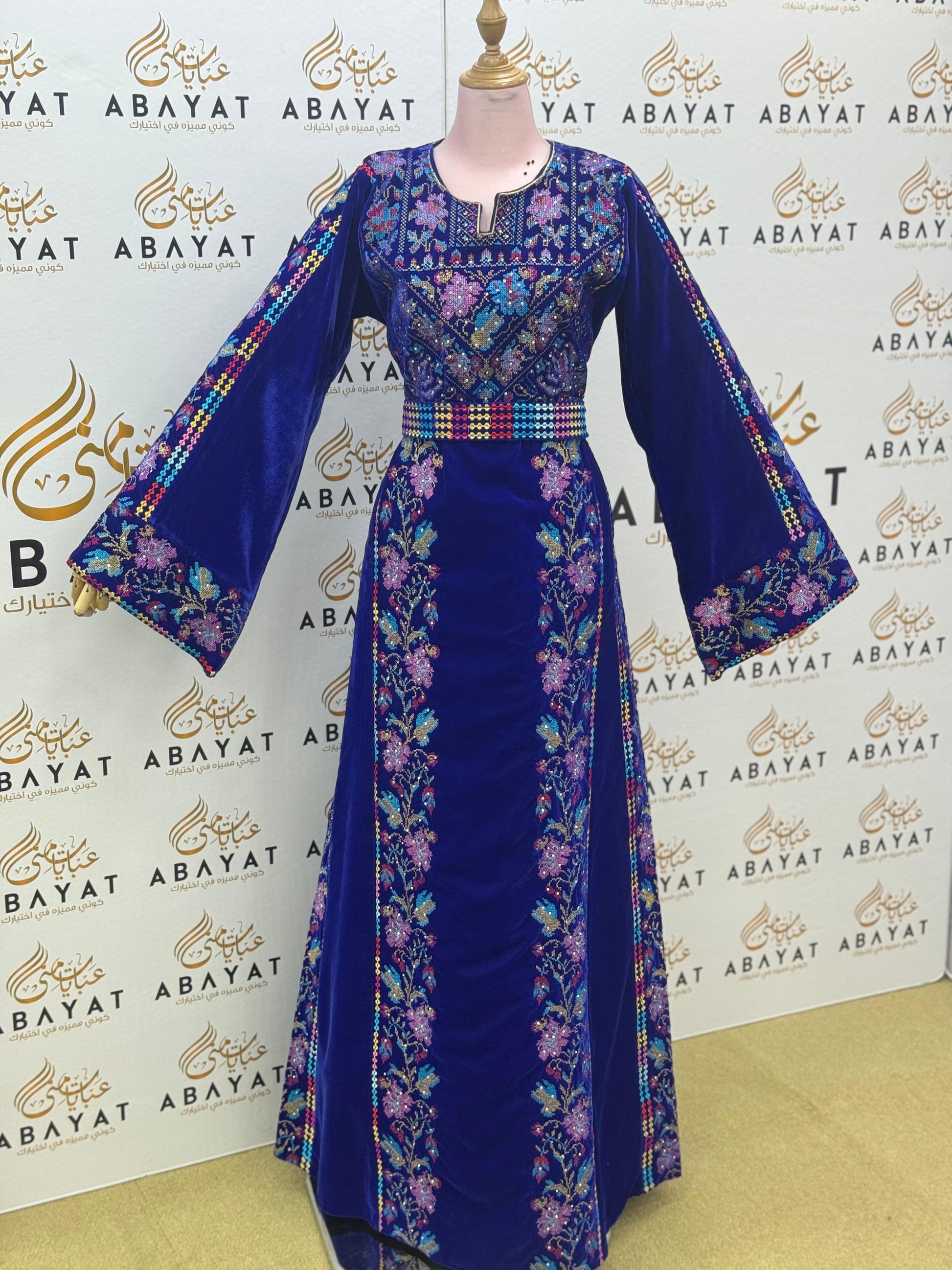 Premier Velvet Thobe With Wide Sleeves & Floral Tatreez